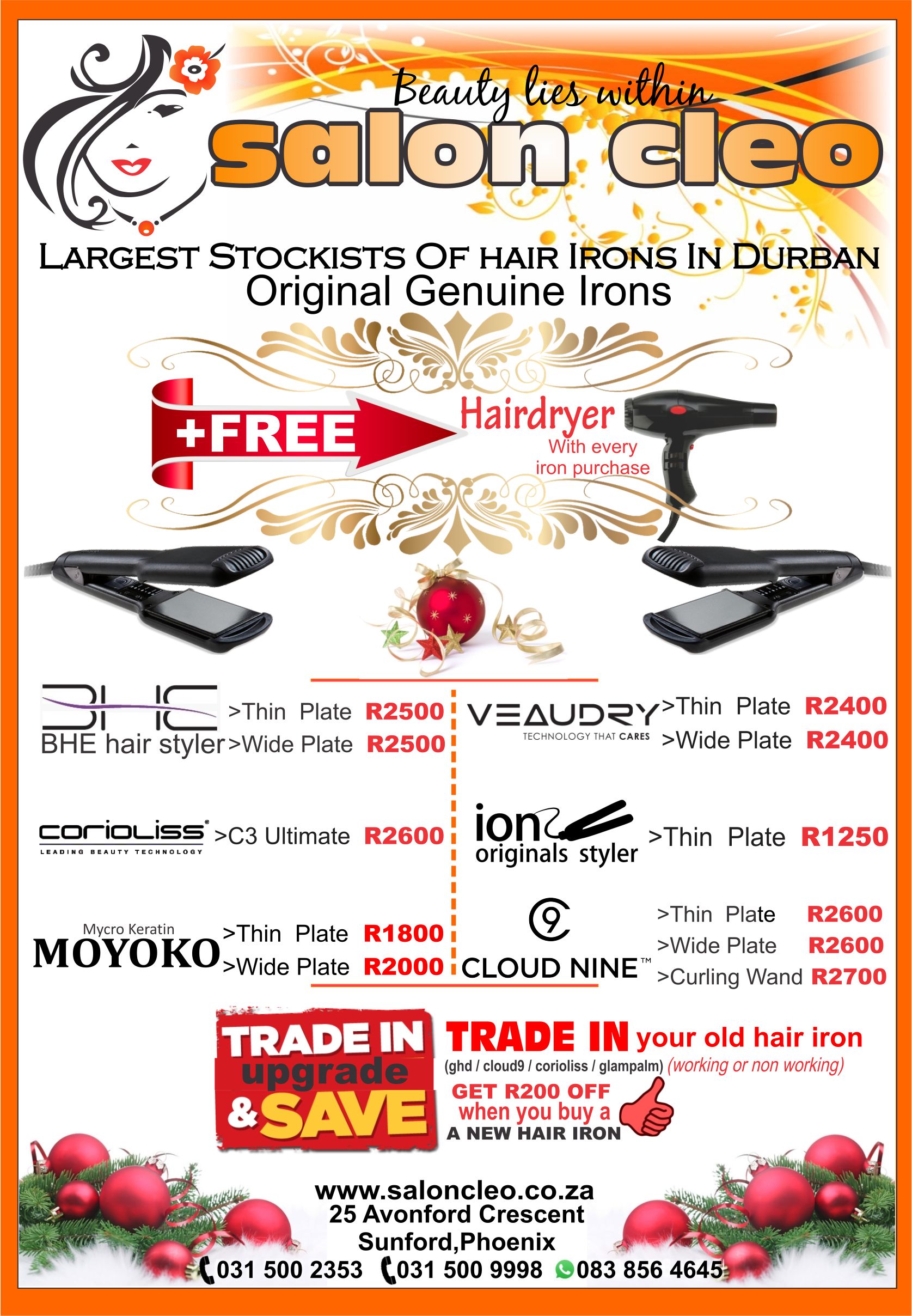 salon cleo christmas hair irons specials ghd cloudnine bhe corioliss glampalm moyoko veaudry hair irons on christmas specials 0315009998 salon cleo